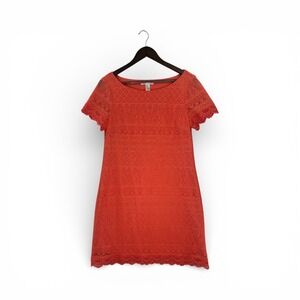 London Times Coral Lace Shift Dress Short Sleeve Boat Neck Women Size 10